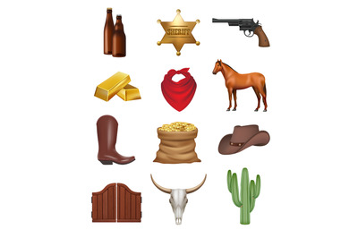 Wild west. Weapons hat horse drinks money decent vector realistic cowb