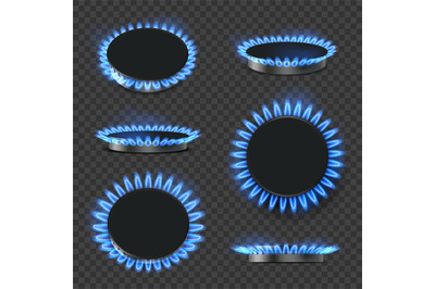 Gas oven. Realistic blue flame decent vector kitchen stove for cooking