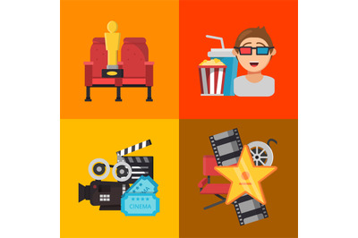 Cinema symbols. movie time colored flat icons type cinema chairs. vect