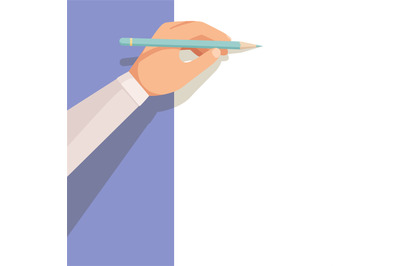 Hand with pencil. man holding pen and writing title. vector template