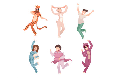 Pajamas party. Funny characters male and female in relax sleep clothes