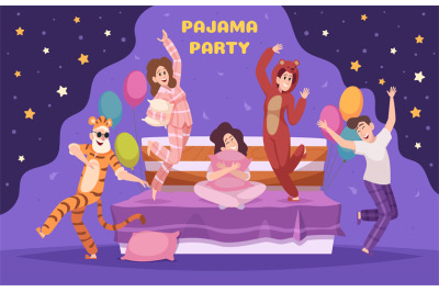 Pajamas party. Cartoon background with sleep time event with funny cha