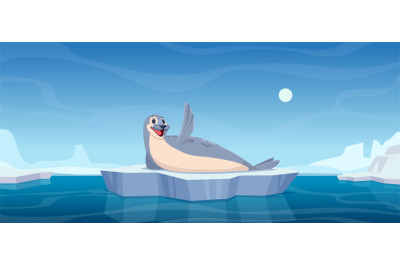 Sea polar animal. Cartoon background with nord pole wild live seal ani