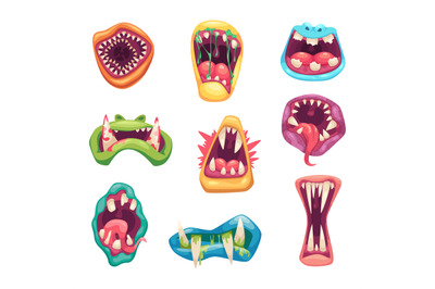 Mouth monsters. Scary angry creatures different emotions expression mo