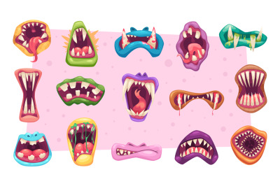 Scary mouth. Monsters expression faces exact vector illustrations of c