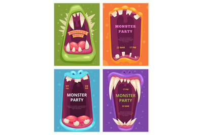 Monster mouth poster. Scary party invitations placards with angry mout