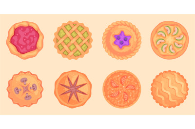 Pie top view. Cooked tasty round food pastry pie desserts exact vector