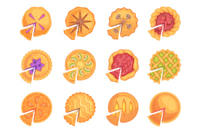 Round fruit pie. Delicious top view tasty bakery desserts exact vector