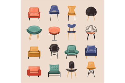 Chairs. Sitting furniture collection in different style recent vector