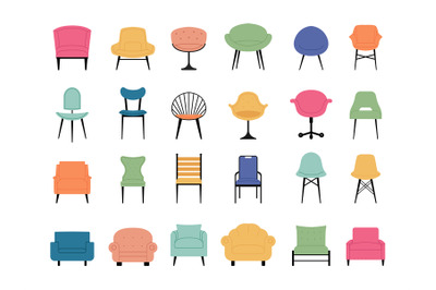 Furniture. Chairs and armchairs set in flat style recent vector cartoo