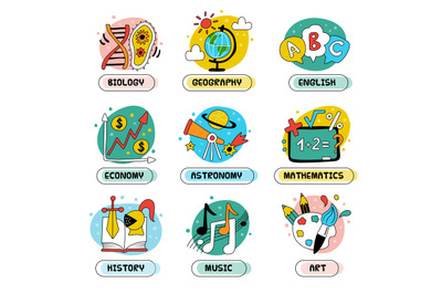 Lessons logo. Science learning symbols with place for text recent vect