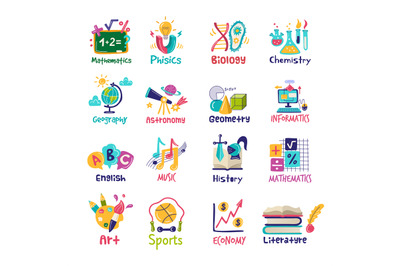 Science symbols. Logotype for lessons mathematics, chemistry, geograph