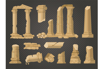 Pillars ruins. Ancient damaged architectural objects exterior building