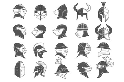 Armor helmets. Medieval ancient clothes for protected head warriors re