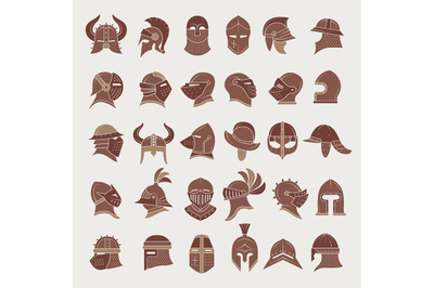 Medieval helmets. Head protection for ancient warriors recent vector i