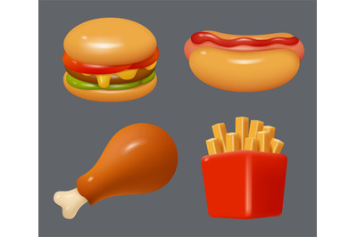 Fast food icons. Plasticine stylized objects french fries cafe food bu