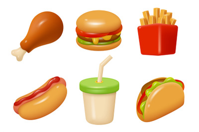 Fast food icons. Burger taco french fries cold drinks coffee street fo