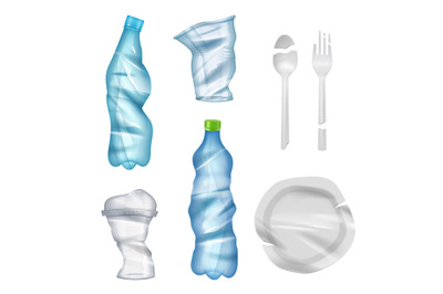 Plastic garbage. Damaged bottles and cups decent vector realistic coll