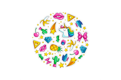 Fantasy circle. retro style sticky symbols unicorn lips diamond arrows