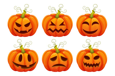 Halloween pumpkins. Cartoon hallolween carved pumpkin smiles, carving