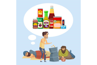 Homeless people. poor persons have mind about foods. Vector concept il