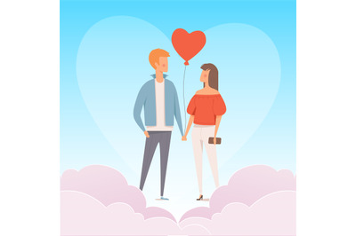 Love couple. male and female characters standing in clouds. Vector bac