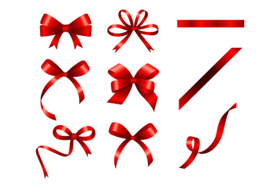 Present red bow. Gift box package redding ribbon bows, holiday decorat