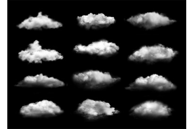 Transparent clouds. Realistic vapor rainclouds isolated on black backg