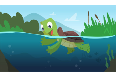 Turtle swimming. river or swamp life. Vector reptile turtle cartoon ba