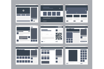 Web wireframes. Landing templates, website pages layouts, email video