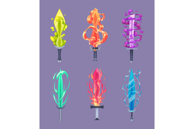 Magic sword. Game weapons in fairytale colored flame exact vector pict