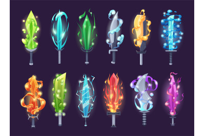 Flame weapons. Fairytale knives and swords exact vector burning weapon