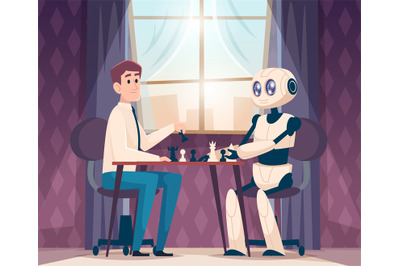 Business robots. People and androids connection exact vector conceptua