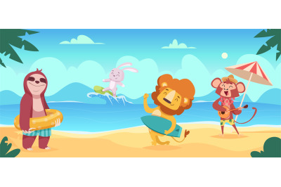 Animals on beach. Summer cartoon travellers relax in swim suit on the