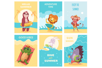 Summer animals cards. Cute wild cartoon animals in swiming suit exact