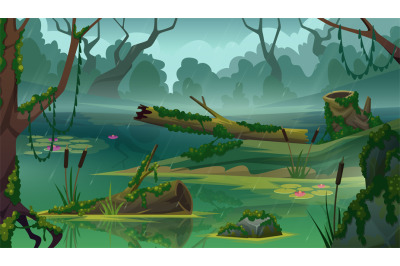 Cartoon forest background. Green moss in wood exact vector landscape