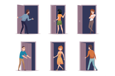 Doorway. People standing next door leaving room entrance exact vector