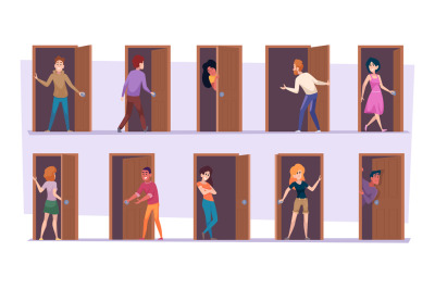 Doorway. People standing in room entrance exact vector cartoon illustr