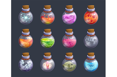 Fairytale poisons. Chemical alchemy colored bottles with liquid poison