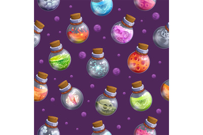 Poison bottles pattern. Fairytale elixir venom containers exact vector