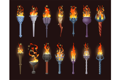 Burning torch light. Game asset tools stick burning flame exact vector