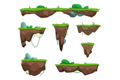 Game ground. 2d island with ground and grass wild bushes exact vector