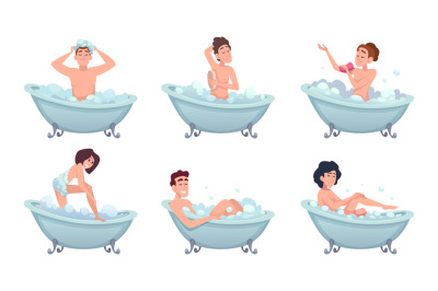 Bathing. Daily routine time male and female characters body washing ex