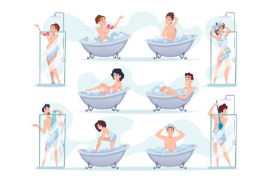 Bathing people. Characters daily self washing exact vector bathing tim