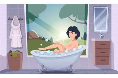 Woman bath relax. Female washing in bathroom interior exact vector car