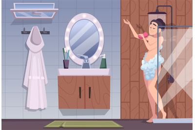 Shower. Fast daily morning routine people bathing exact vector cartoon