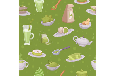 Matcha pattern. Seamless background from traditional green matcha heal