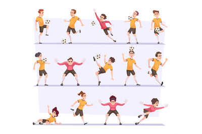 Soccer players. Football male and female characters in action poses wi