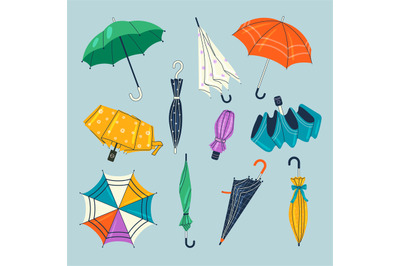 Umbrellas collection. Autumn set of different fashioned tools from rai