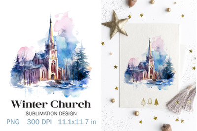 Watercolor Winter Church Sublimation PNG